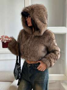 SHEIN EZwear 女士秋冬棕色时尚蓬松连帽短款人造毛皮夹克 - 棕色 - 查看 5