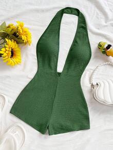 Soleia Women's Vacation White Knit Textured Wavy Pattern Deep V Neck Backless Sexy Bodysuit, Fashionable Fitted For Party, Date, Afternoon Tea, Boho Vacation, Beach, Summer Outfit Green - Olive Green - View 6