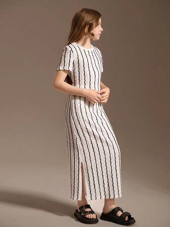 SHEIN 青少年女孩休闲优雅圆领短袖度假连衣裙，修身长款针织条纹连衣裙，适合万圣节派对、居家、郊游、学校、聚会