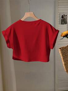 Comfortcana 女式休闲简约短袖圆领宽松小马印花T恤 - 紅色 - 查看 2