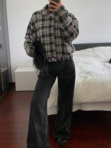 DAZY Veste ample en mélange de laine à col en fourrure patchwork à carreaux vintage, vêtement décontracté à manches longues pour femmes, automne/hiver Y2k - Gris - Voir 5