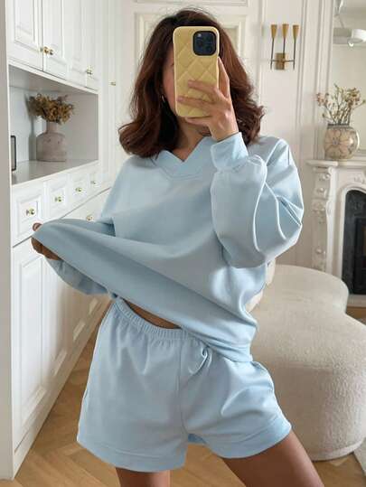 DAZY 女士休闲运动风长袖上衣和短裤睡衣套装（2件套），舒适秋冬装