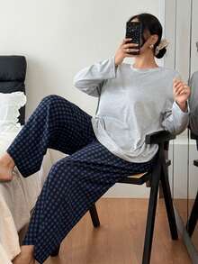 SHEIN 大码女式宽松休闲圆领长袖上衣和格子印花长裤睡衣套装，女式圆领睡衣，宽松柔软睡衣套装，秋季睡衣，女式家居服，舒适冬季套装 - 彩色 - 查看 5