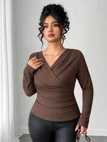 Dazy Plus V-Neck Ribbed Tight Fitted Long Sleeve Plus Size Women Cropped T-Shirt, Spring/Autumn - Brown - View 6