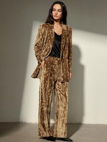 Aveloria Modichic 2件套：天鹅绒褶饰波点西装外套和阔腿裤 - 軍綠色 - 查看 5