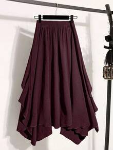 Linhara Plus Size Women Solid Color Elastic Waist Asymmetric Hem Casual Midi Skirt - Red Violet - View 2