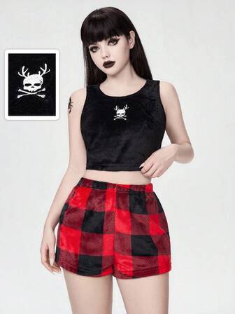 Goth Conjunto de pijama de franela con bordado de cuernos de ciervo esqueleto gótico de Navidad para mujer
