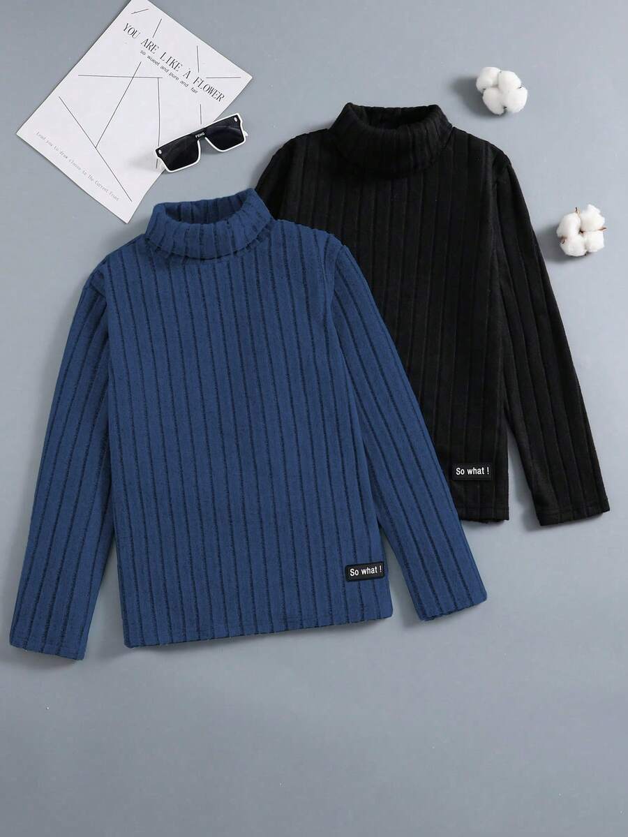 SHEIN 2pcs Letter Patched Detail Turtleneck Ribbed Tee