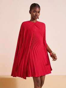 Zivah 2025 Autumn/Winter & Summer New Arrival Music Festival, Easter, St. Patrick's Day, Western, Nomadic, Birthday Party, Graduation, College Style, Student, Daily Wear, All-Match Versatile, Casual, Vacation, Cruise Travel, Beach, Sunbathing, Viral , Streetwear, Beach Vacation/Party/Date, Pleated Material Red Cape-Style Women Short Dress - Red - View 4