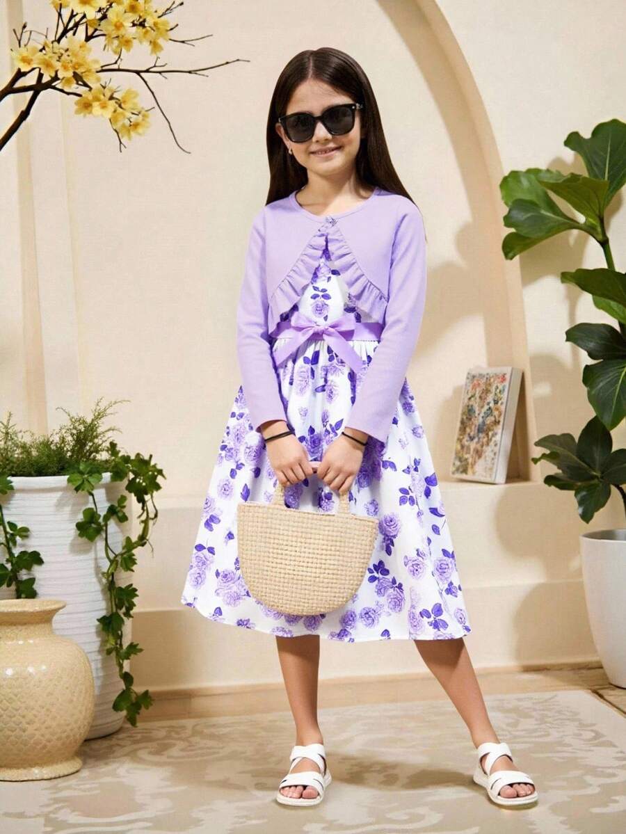 SHEIN Tween Girl 2pcs/Set Elegant Open-Front Coat And Printed Dress, Autumn,Holiday,Summer,Travel