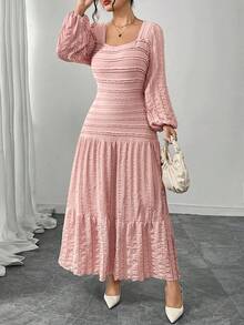 Modelyn Elegant Women's Long Sleeve Flared Dress With Jacquard Striped Textured Pattern In Pink - Pink - View 9