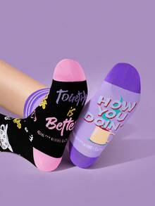 FRIENDS X SHEIN 2Pairs Soft & Breathable Moisture-Wicking Casual Funny Classic Lines Women Mid-Calf Socks Fashionable Cute Purple & Black Crew Socks Reinforced Toe & Heel For Durability All Season All-Match Summer Winter - Multicolor - View 3