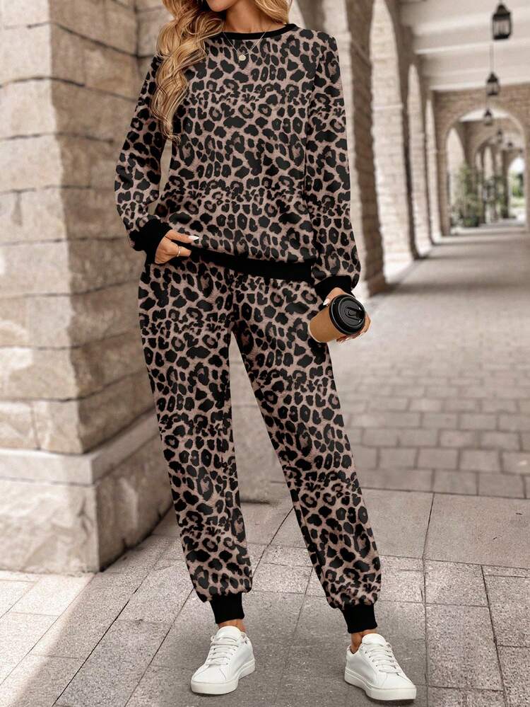 Conjunto de Inverno Feminino com Moletom de Manga Longa com Estampa de Onça e Calça de Moletom, Conjunto de Duas Peças