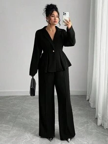 Elenzga 2pcs Plus Size Women's Elegant Blazer & Flare Pants Suit Set, Chic & Slim Fit Office Wear Black Pants Suit Women Blouse And Pants Set Black Elegant Suit Black Suits For Woman Pant Suit Set Black Jumpsuit Women Elegant Blazer And Pants Set Elegant Black Suit