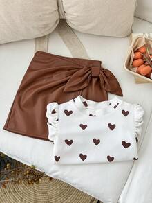 LMoss Kids LMoss Young Girl Love Knitted T-Shirt With PU Skirt Suit,, Suitable For Casual Daily Wear, Autumn/Winter Cute Tops, Girl Clothes Autumn And Winter Clothes, Cute Clothes, Girl Clothes Skirt Set - Multicolor - View 2