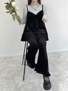 FRIFUL 女式波尔卡圆点天鹅绒面料上衣，A 字廓形，分层吊带背心，荷叶边下摆；直筒裤，荷叶边下摆，宽松休闲百搭两件套，秋季 - 彩色 - 查看 6