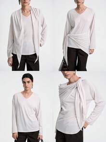 SHEIN LUNE 女士优雅时尚通勤休闲舒适迷人复古简约高端长袖V领宽松披肩领百搭纯色T恤 - 杏色 - 查看 1