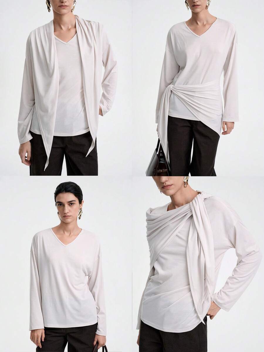 SHEIN LUNE 女士优雅时尚通勤休闲舒适迷人复古简约高端长袖V领宽松披肩领百搭纯色T恤 - 杏色 - 查看 1