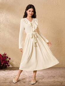 Ribbed Knit Ruffle Hem Elastic Waist Dress For Teens - Beige - View 7