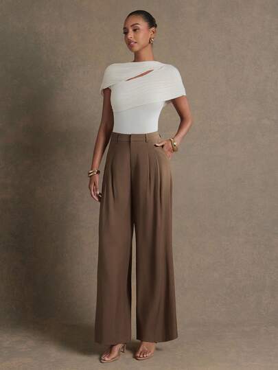 L'Amorae Spodnie damskie z szerokimi nogawkami i plisami, do biura i na co dzień