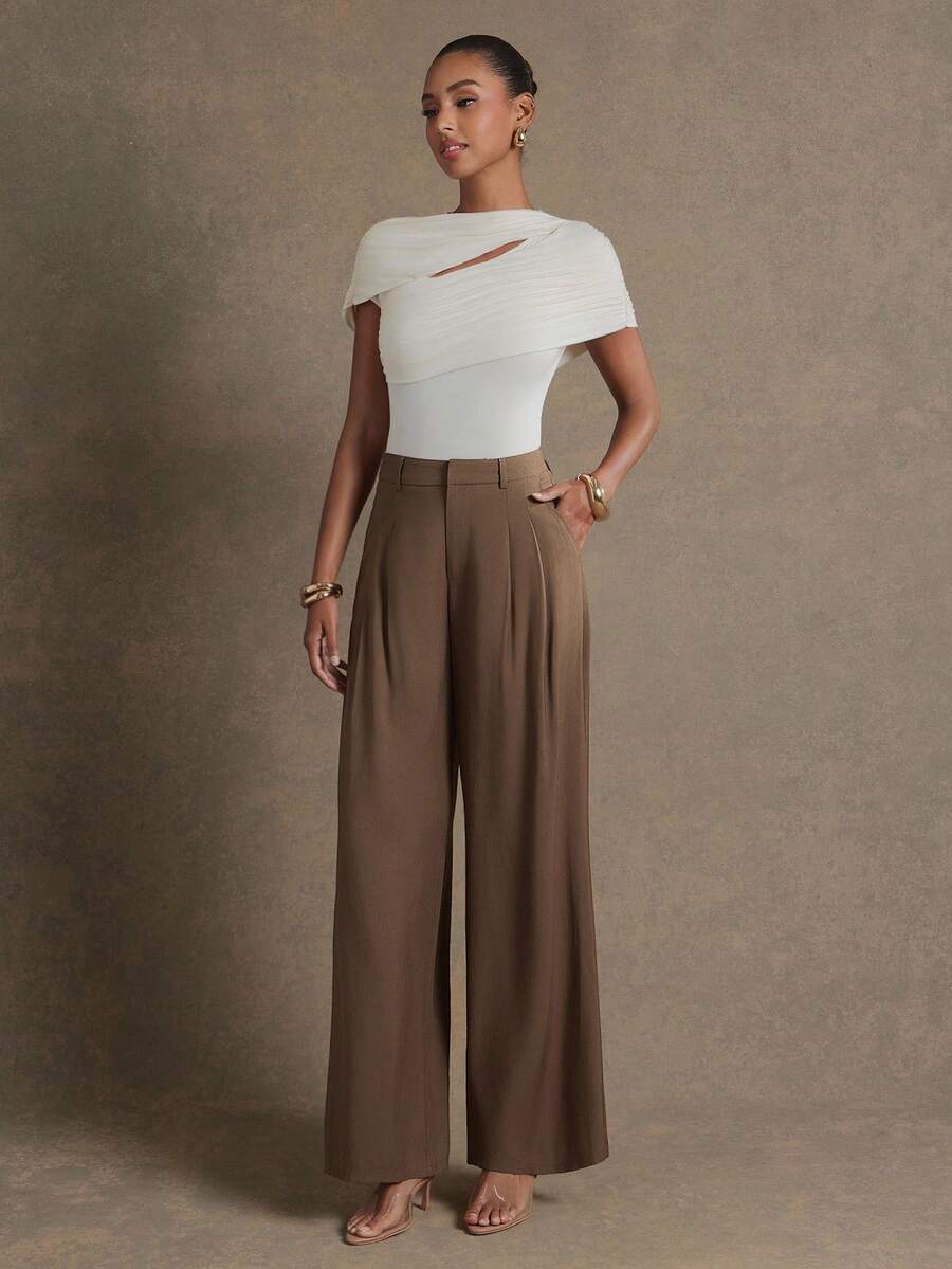 L'Amorae 女士阔腿褶皱长裤商务办公休闲装 - 棕色 - 查看 1