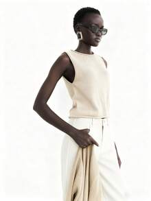 Lumivelle 2 件针织长袖开衫和无袖针织背心套装，百搭 - 杏色 - 查看 5