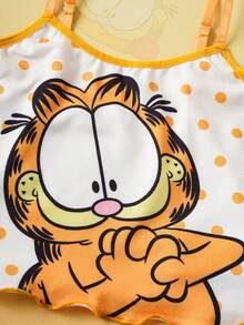 GARFIELD | SHEIN 青少年女孩猫与波尔卡圆点印花撞色生菜边吊带背心上衣和短裤套装，夏季 - 黃色 - 查看 3