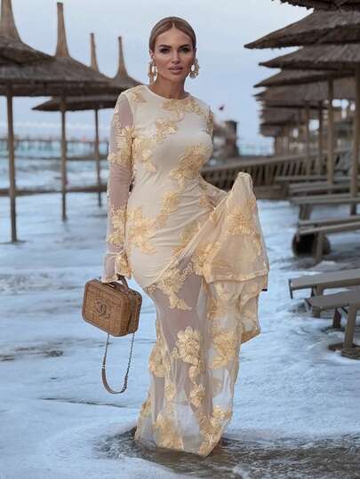 FLORETTA ÉLENA 白色优雅花卉刺绣露背鱼尾裙女式长款女装
