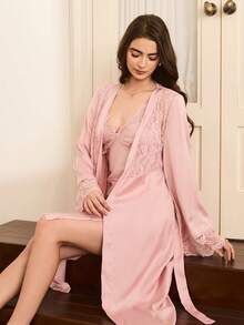 Moireta Reife, elegante französische Art sexy Spitzen-Camisole Kleid und Spitzen-Bademantel 2-teiliges Nachtwäsche Set für Frauen Seide Nachthemd Lingerie Bademantel Set Nachthemd und Bademantel Set Seide Bademantel Set Schlafanzüge Frauen Seide, Winterkleidung - Pink - Übersicht 6