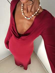 EgrlEra Vestido largo de malla con decoración metálica y escote en V sexy para mujer - Rojo - Ver 1