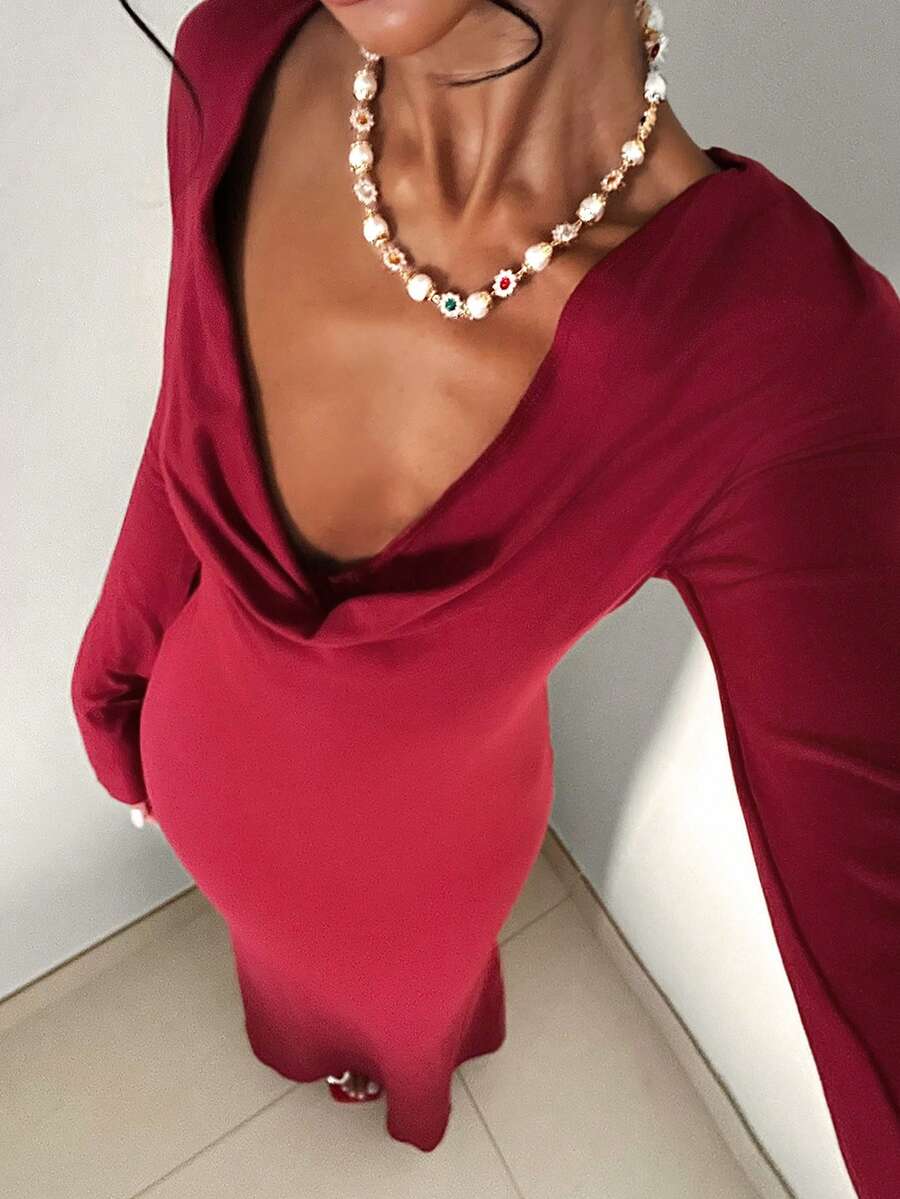 EgrlEra Vestido largo de malla con decoración metálica y escote en V sexy para mujer - Rojo - Ver 1