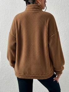 SHEIN EZwear Áo nỉ chui đầu dài tay màu nâu sô cô la có khóa kéo nửa đầu dành cho nữ, dáng rộng, Thu/Đông, Áo dài tay, Lễ tốt nghiệp, Trở lại trường, Lễ tốt nghiệp, Trang phục giáo viên, Trở lại trường, Mùa thu, Giáng sinh - Màu nâu Sô-cô-la - Xem 2