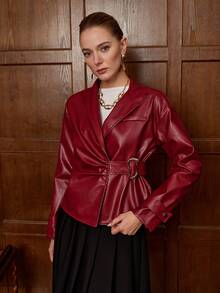 SHEIN LUNE Women's Asymmetric Collar Design Cinched Waist Overlapping Waist Metal Decor Long Sleeve Shirt, Casual For Autumn/Winter - Red - View 4