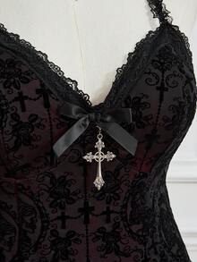 ROMWE Goth Women Retro Grunge Punk Flocked Cross Bow Lace Trim Plus Size Dress, For New Year, For Summer - Black - View 3