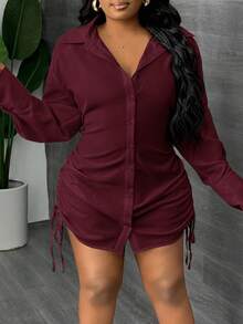 Slaydiva New Elegant And Sexy Daily Date Long-Sleeved Lapel Drawstring Gathered Shirt Skirt On Both Sides Mini Mini Skirt White Women's Mini Dress-Z - Burgundy - View 3