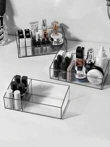 1pc Desktop Transparent PET Makeup Organizer Box, Multi-Compartment Lipstick & Cosmetics Storage Display Tray,For Holiday Beach, Bathroom Collection, Bedroom Collection, Large Capacity - Clear - View 3