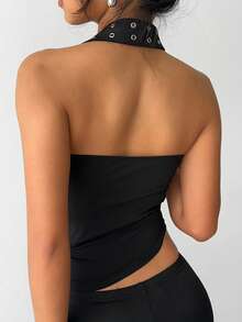 Aloruh 女士秋冬新款性感露脐上衣，派对/夜店/Y2K风格纯黑色不对称下摆系带领无袖搭扣上衣，黑色水钻装饰，适合秋季穿着。 - 黑色 - 查看 3