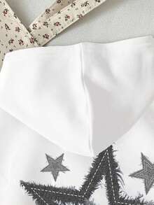 SHEIN Leap Crew Felpa con cappuccio casual e minimalista, con stampa a pentagramma personalizzata, vestibilità morbida e comoda, colore bianco, stile urban, punk, adatta per autunno/inverno, per ragazze adolescenti