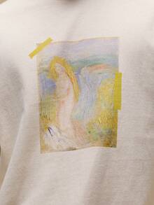 Musero Oversized Long Sleeve Front Box Graphic Print T-Shirt SPRING SUMMER Wardrobe - Apricot - View 6