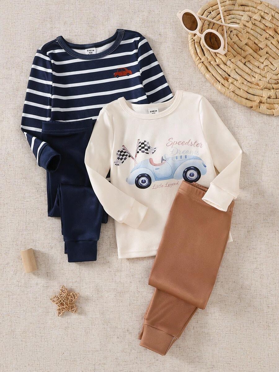 Conjunto de 4 piezas de ropa casual para bebé niño, que incluye top de manga larga y pantalones pijama body - Multicolor - Ver 1