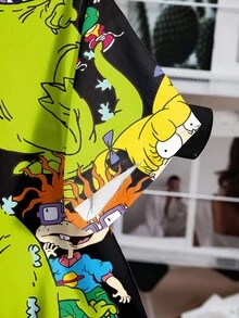 Nick 90s | SHEIN Women's Casual Cartoon All-Over Print Round Neck Short Sleeve T-Shirt, Summer - White - View 3