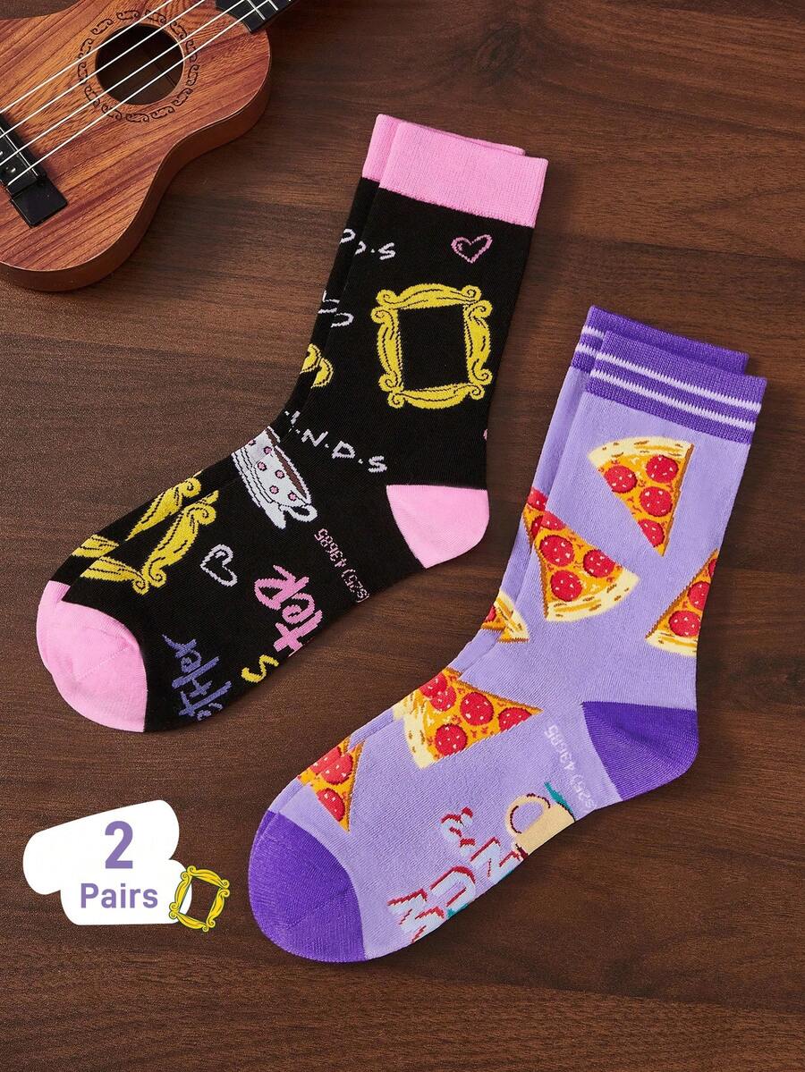 FRIENDS X SHEIN 2Pairs Soft & Breathable Moisture-Wicking Casual Funny Classic Lines Women Mid-Calf Socks Fashionable Cute Purple & Black Crew Socks Reinforced Toe & Heel For Durability All Season All-Match Summer Winter - Multicolor - View 1