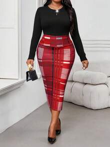 SHEIN Lady CURVE 秋冬优雅工作办公室彩色格子针织开叉中长加大码半身裙 - 紅色 - 查看 3