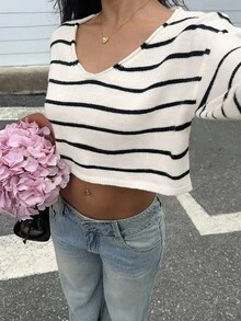 SHEIN Unity Fashionable Sexy V-Neck Versatile Striped Women Sweater