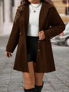 EMERY ROSE Black Lapel Button Decor Waist Cinched Mid-Length Women Overcoat - Coffee Brown - View 6