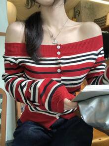 DAZY Women's Striped Contrast Color Casual Long Sleeve Off Shoulder Sweater Fall,Winter - Burgundy - View 8
