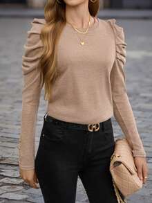 EMERY ROSE Camiseta unicolor de manga gigot - Marrón Mocha - Ver 5