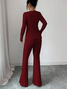 Elenzga 女士优雅云朵绒罗纹高腰蝴蝶结领长袖收腰上衣和喇叭裤两件套 - 紅色 - 查看 2