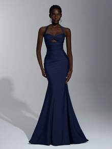 Elitara Bộ đồ bơi dệt kim co giãn màu xanh nhạt sang trọng thanh lịch với chân váy đuôi cá khoét sâu, thích hợp cho đám cưới, tiệc tùng, kỳ nghỉ, vũ hội, váy phù dâu (người lớn) - Màu xanh hải quân - Xem 3