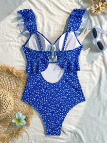 Swim Mod Summer Beach Ditsy Floral Ruffle Cut-Out One Piece Swimsuit - Blue and White - View 2